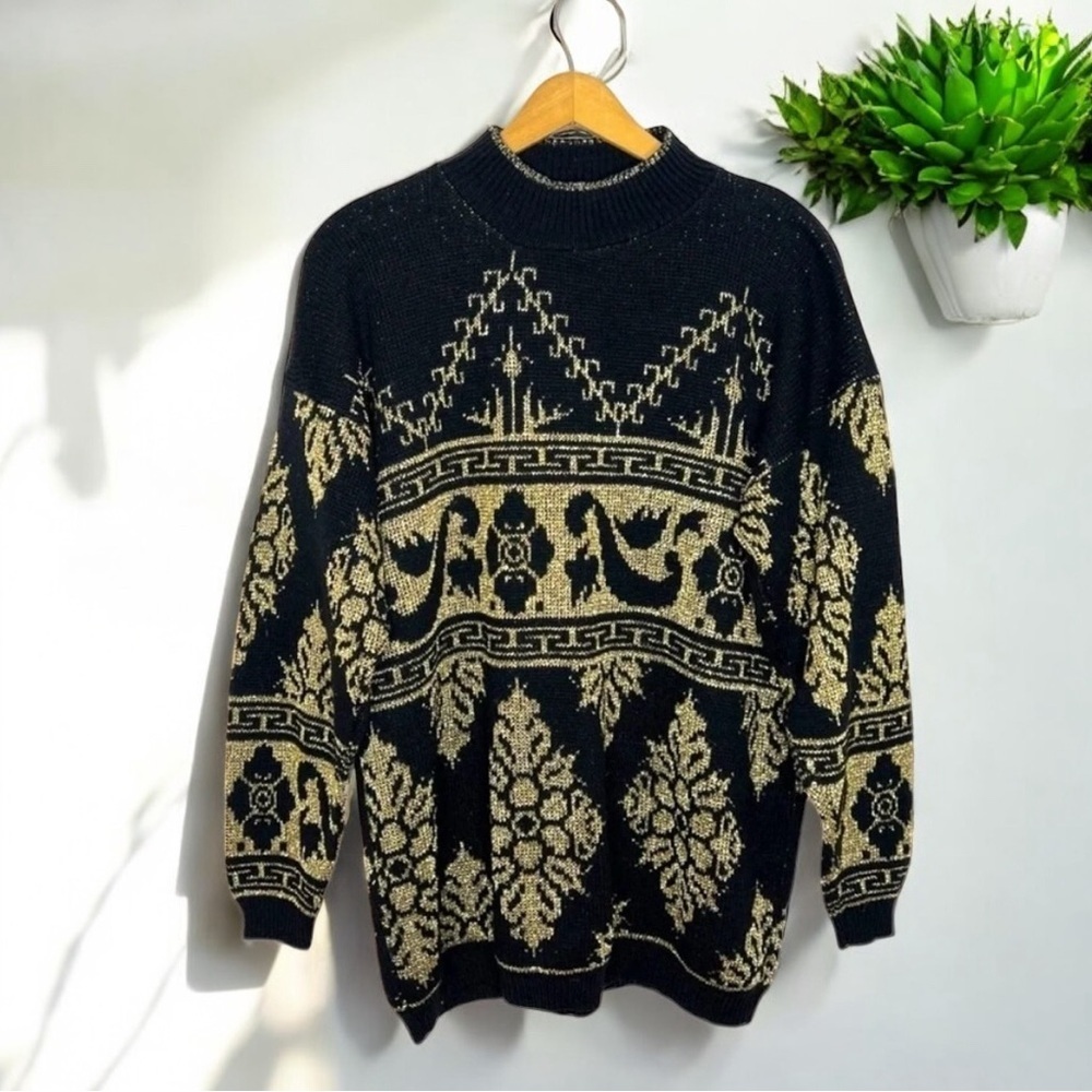 Vintage 80s Black Gold Metallic Lurex Statement Sweater Oversized M